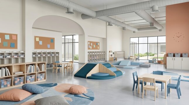 Modern daycare interior featuring soft play equipment and furniture