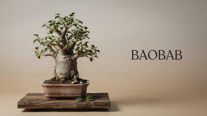 Fototapeta premium Baobab tree in a pot on a wooden stand with green leaves and a thick trunk in a beige background