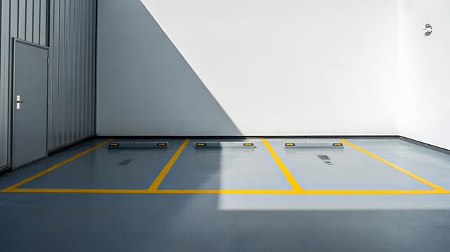 Empty indoor parking spaces with marked lines in modern residential garage facility