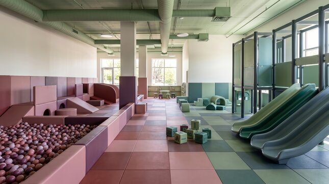 Modern indoor children playground with ball pit and slides