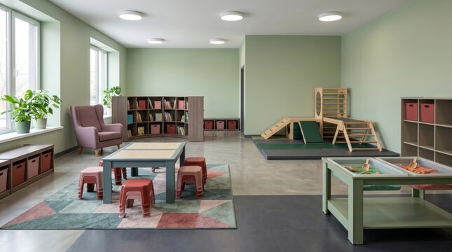 Modern indoor play area with climbing frame and activity tables