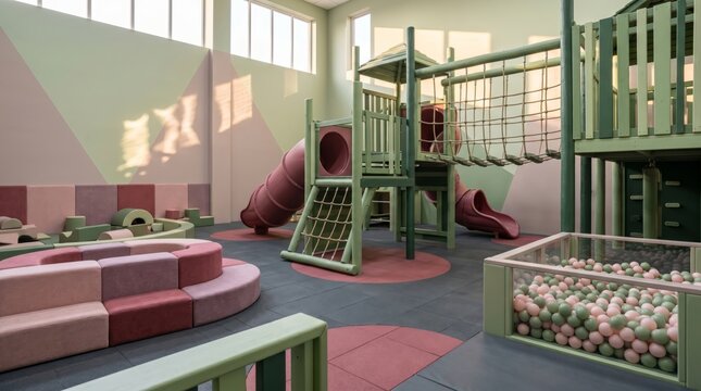 Modern indoor wooden playground with slides and ball pit