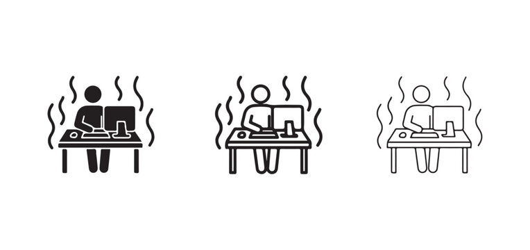 Overheating computer and person sitting at desk with monitor keyboard mouse and heat waves around them  office worker with hot equipment