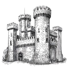Obraz premium Medieval stone castle fortress with high towers pencil sketch isolated on white