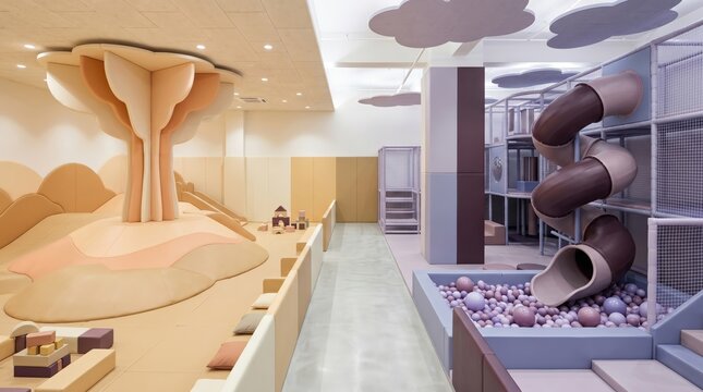 Modern minimalist indoor children playground with slide and ball pit
