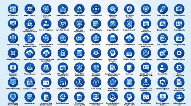Comprehensive Cybersecurity Icon Set for Digital Security and Network Protection