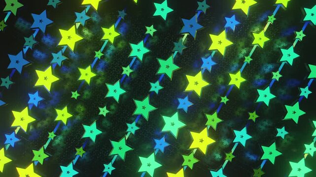 Futuristic abstract wall with glowing geometric stars. Seamless VJ loop of a rhythmic digital structure and pattern, creative motion background for electronic music festivals and stage displays.