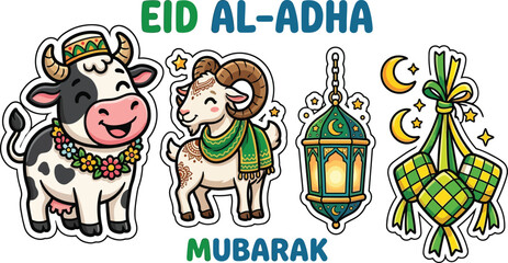 Fototapeta premium Celebrate Eid Al-Adha with Festive Illustrations of a Cow, Goat, Lantern, and Ketupat