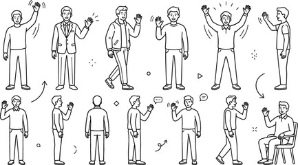 Man Waving Hand Vector Icon Set with People Gesturing Hello Goodbye Success and Communication Poses for Character Design and Web Graphics © Salina