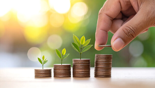 Financial growth illustrated by money coins stacked in ascending order with a plant growing from each stack, symbolizing investment and wealth