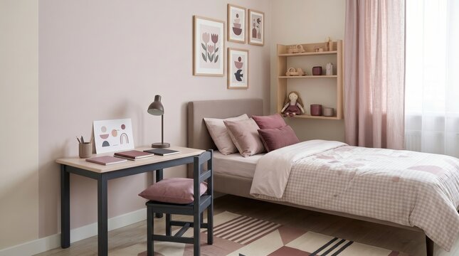 Modern pink kids bedroom interior featuring desk and bed