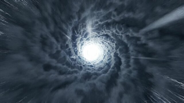 Cloud swirling vortex tunnel flight dramatic concept. Swirling dark cloud tunnel with bright light in center dramatic sky vortex