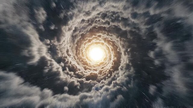 Cloud swirling vortex tunnel flight dramatic concept. Dramatic spiral cloud formation with bright sun glowing in the center creating a surreal sky vortex