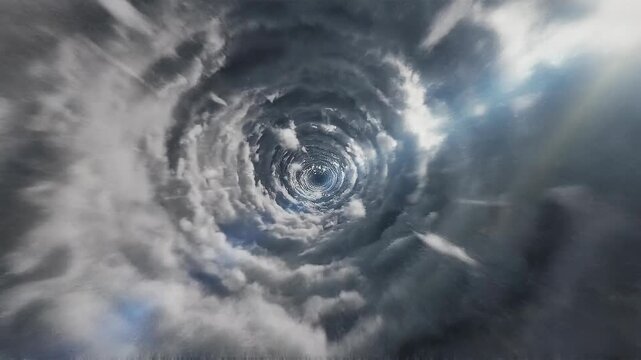 Cloud swirling vortex tunnel flight dramatic concept. Dramatic swirling storm clouds forming a vortex in the sky with dark and light cloud contrasts