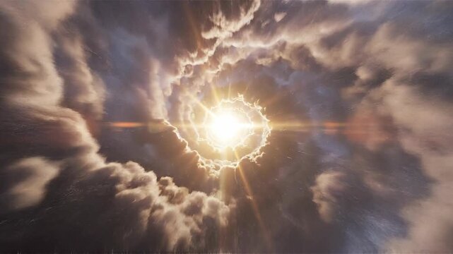 Cloud swirling vortex tunnel flight dramatic concept. Dramatic bright light shining through swirling dark storm clouds in a cosmic sky scene
