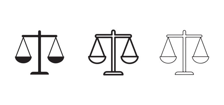 Scales of justice icons in black and white line art for law and balance concepts  symbols of fairness and equality