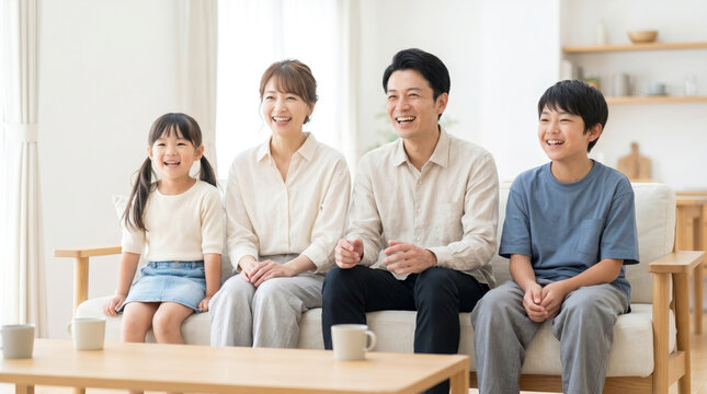 自宅の屋内でテレビを囲み映画や動画配信を楽しむ日本人家族