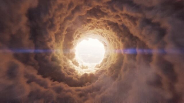Cloud swirling vortex tunnel flight dramatic concept. Dramatic swirling storm clouds with bright light in the center creating a vortex effect in the sky