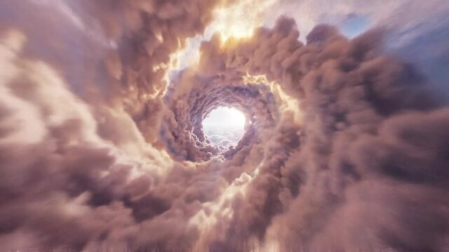 Cloud swirling vortex tunnel flight dramatic concept. Swirling clouds with sunlight shining through creating a dramatic and mystical sky scene