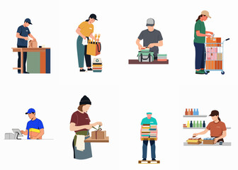 Fototapeta premium Set of diverse service workers packing food, parcels, and groceries for delivery and retail operations, isolated on a white background.