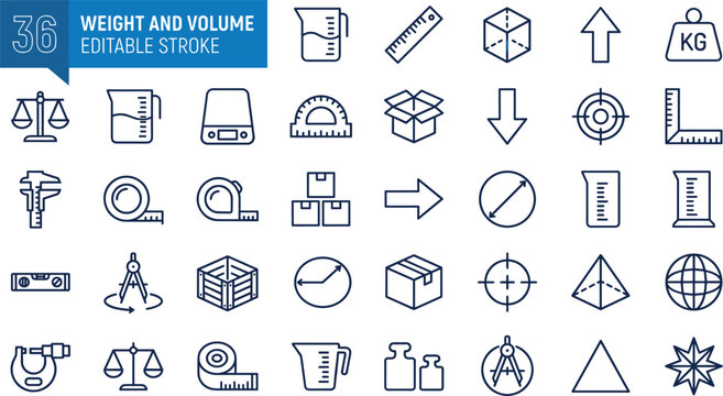 Weight and volume measurement line icon set featuring scales rulers balance calibration units and laboratory glassware