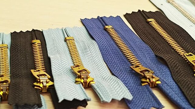 Decorative Metal Zippers for Sewing Projects.The image highlights sewing supplies, textile hardware, and materials used in fashion design and handmade craftsmanship.