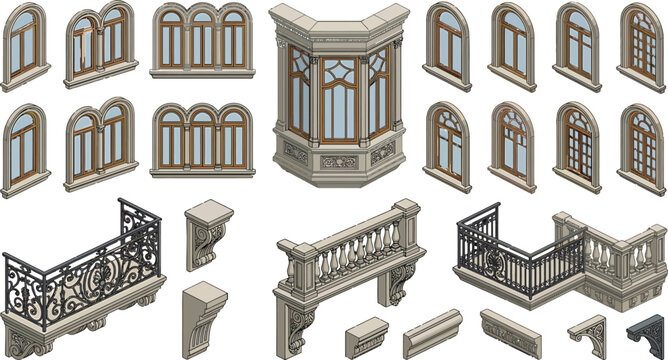 Set of isometric architectural elements including classic windows, ornate balconies, and decorative stone brackets for building facade design vector