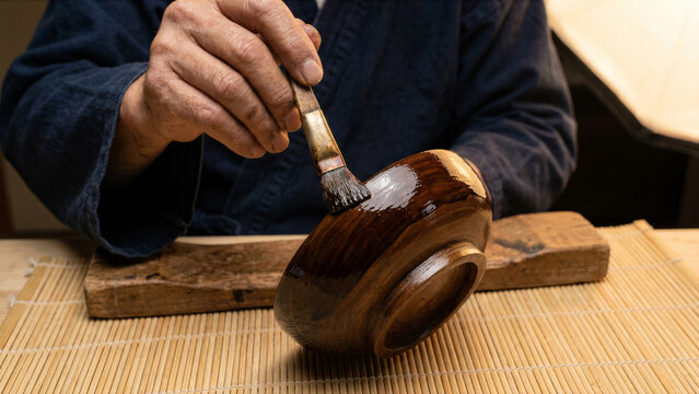 Extreme macro of Japanese artisan applying dark natural urushi lacquer layers to wooden bowl