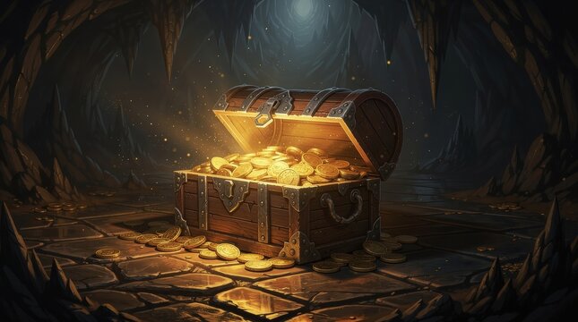 A glowing treasure chest filled with gold coins illuminates a dark, rocky cave floor, highlighting the sense of discovery and hidden riches.