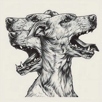 Three headed mythological dog snarling in detailed pencil sketch illustration on white background