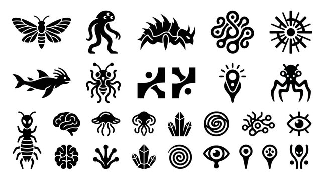 Abstract Alien Creature Silhouettes - Flat Design Elements