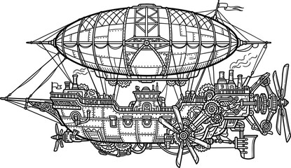 Steampunk Airship Vector Illustration with Intricate Gears, Mechanical Details, Propellers, and Flying Zeppelin Ship Outline for Coloring Book or Retro Fantasy Graphic Design © EdGe Creative