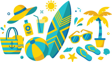 Obraz premium Summer Beach Vacation Icon Set featuring Surfboard Straw Hat Beach Bag Sunglasses Flip Flops Palm Tree and Tropical Travel Essentials Vector Illustration