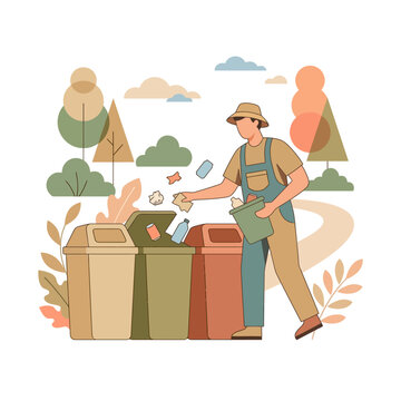 Vector illustration of a maintenance worker wearing overalls and a sun hat sorting litter into three recycling bins in a public park with stylized trees and a path background.