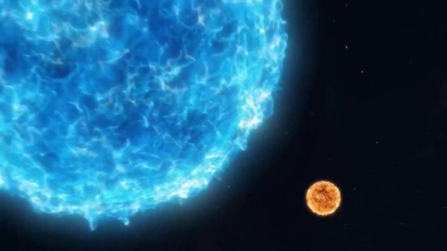 Animation comparing the massive size of a blue supergiant star to a yellow star.