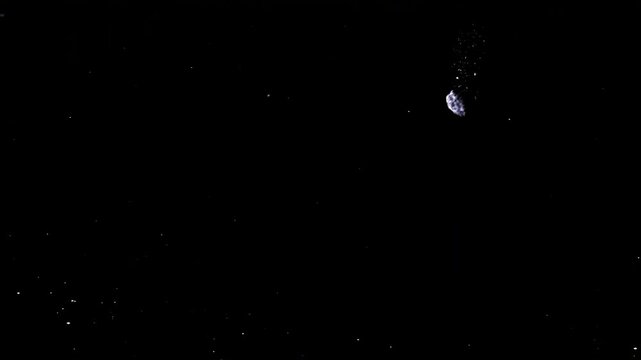 Large asteroid flying through space towards Earth planet.