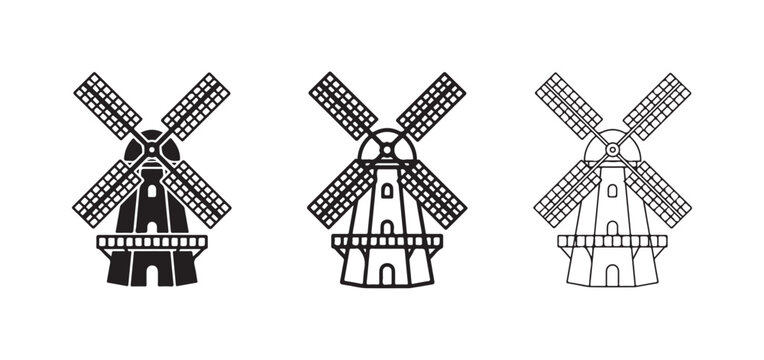 windmill icons in different line styles for graphic design  simple black and white illustrations of traditional windmills with rotating blades