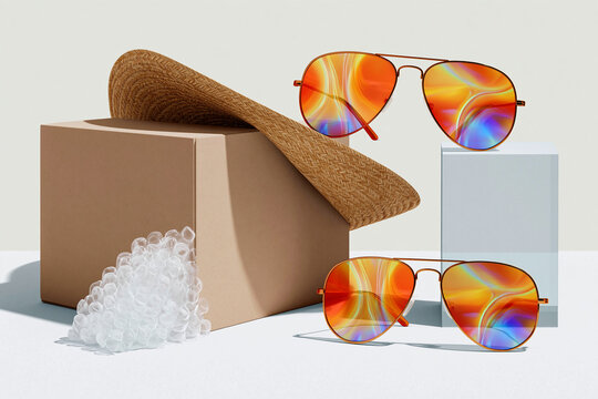 Aviator Sunglasses and Straw Hat on Cardboard Box with Bubble Wrap