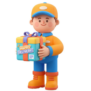 Isolated Delivery Person, Cheerful and Colorful with Gift for Holiday or Greeting Card
