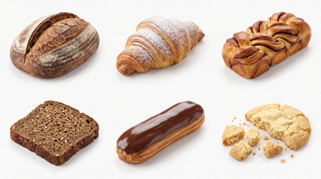 Selection of premium baked items including artisan sourdough bread, sweet powdered croissant, cinnamon babka braid, seeded rye slice, glazed chocolate &eacute;clair, and broken butter cookie on white.