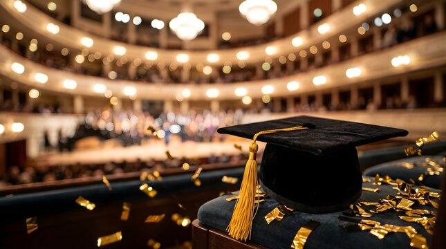 Graduation cap with gold confetti in a blurred theater auditorium