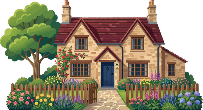 Stone cottage with a wooden fence and blooming garden featuring a stone path and large tree vector illustration