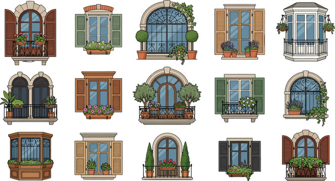 Set of various vintage house windows with shutters, flower boxes, and balconies in a flat vector illustration style