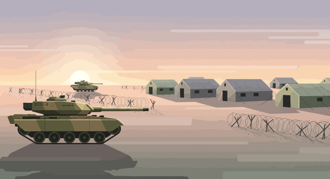 Military Camp with Tanks under Sunset Sky - Vector Illustration
