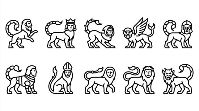 A professional vector asset sheet containing exactly 10 individual a gothic manticore stone icons on a white background