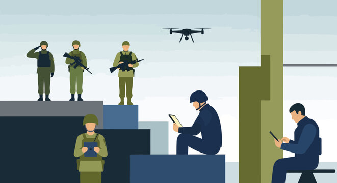 Military drone observing soldiers, technology, and information warfare concept