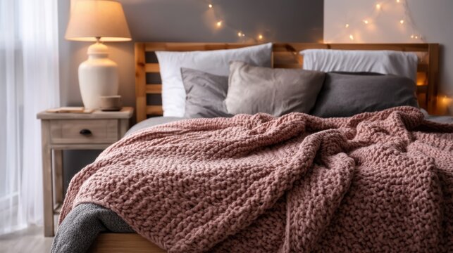 Knit blanket draped over wooden bed in softly lit bedroom
