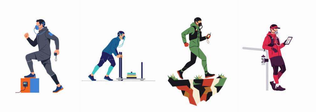Flat vector illustration set of athletes performing physiological performance tests and high-altitude training using oxygen masks and monitoring equipment.