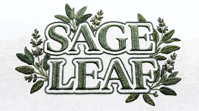Sage Leaf Logo: A stylized logo featuring the words SAGE LEAF in a decorative font, adorned with illustrations of green sage leaves and branches.