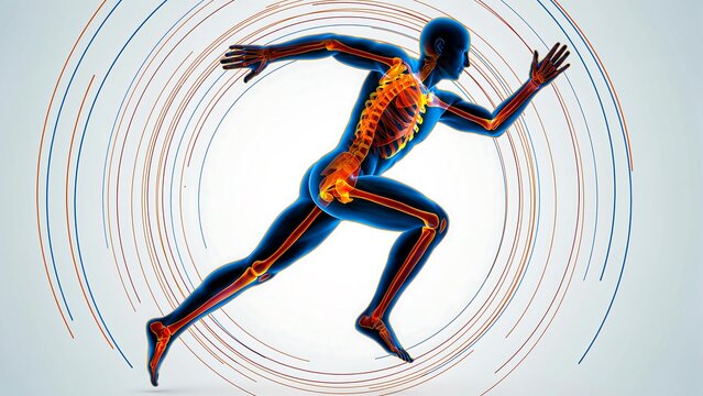 Human body anatomy running with visible muscles and skeleton illustration